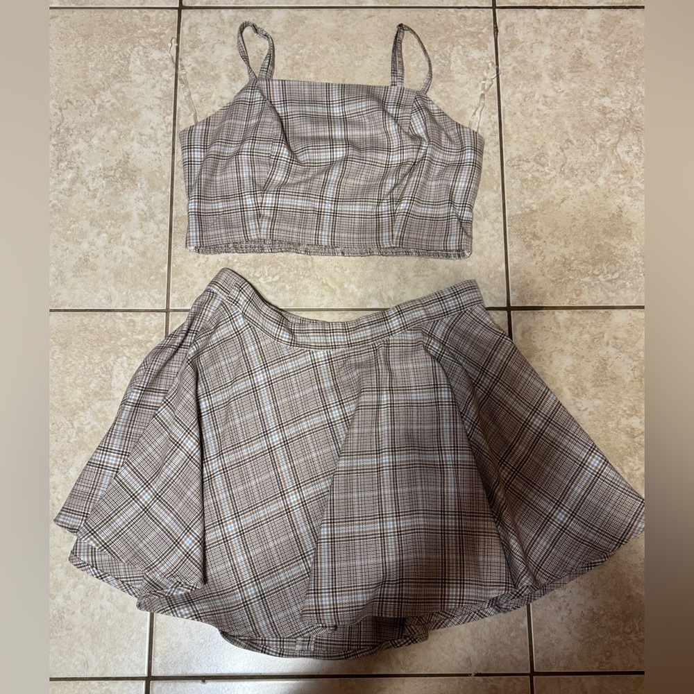 Plaid Brown Skirt two piece set